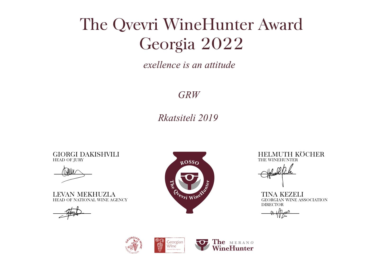 GRW Rkatsiteli 2019 — Qvevri WineHunter Award Georgia 2022